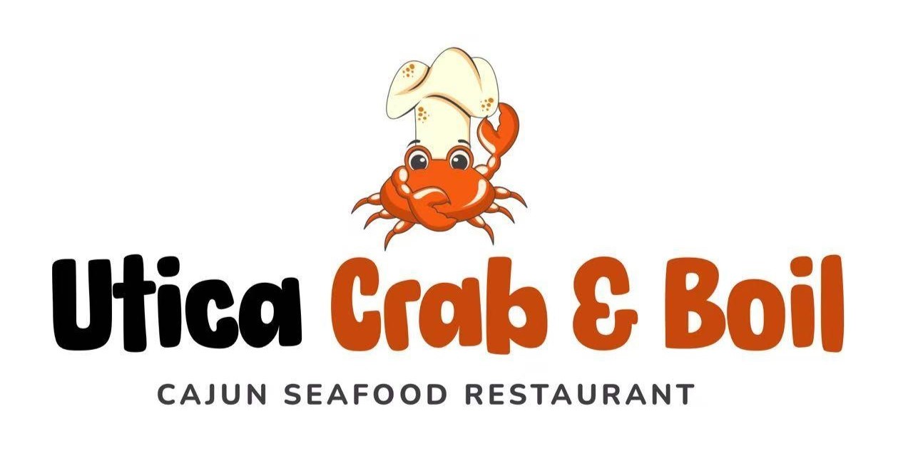 The Utica Crab & Boil restaurant logo features a crab wearing a chef's hat
